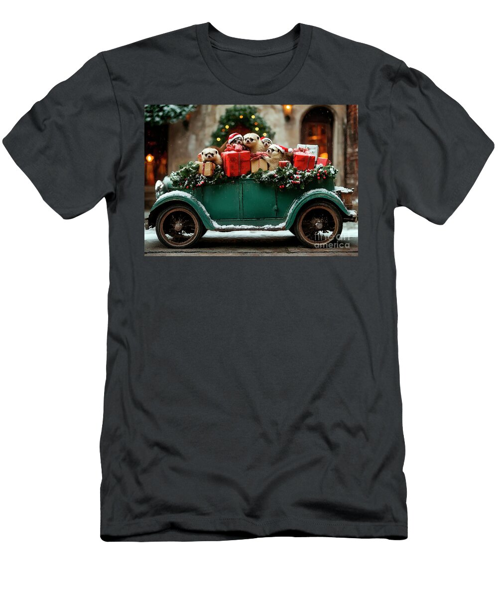 Cute Animals Enjoying Christmas Ride in Vintage Car Clint Mclaughlin T-Shirt