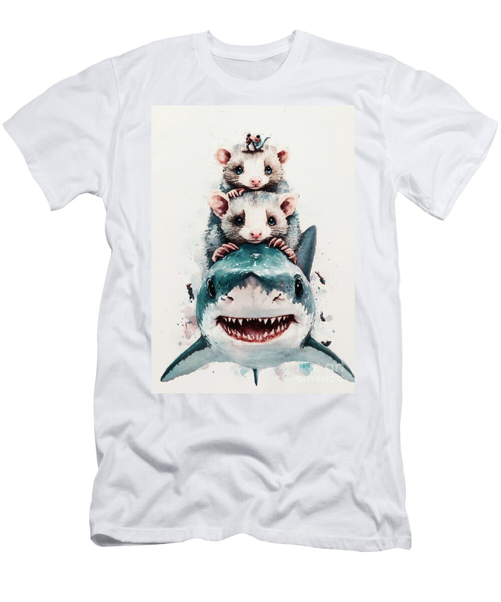 Cute Watercolor Shark with Adorable Mice Clint Mclaughlin T-Shirt