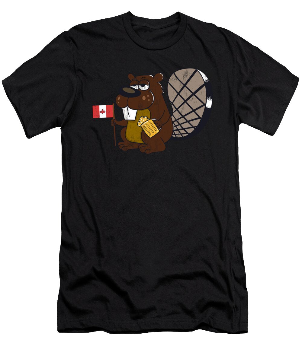 Funny Beaver Holding Canada Flag Beer Drinker Drink Design Noirty Designs T-Shirt